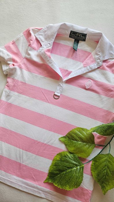 Koszulka polo Ralph Lauren damska XS L-RL t-shirt różowa biała paski kołnierzyk bluzka bawełniana premium krótki rękaw oryginalna sportowa
