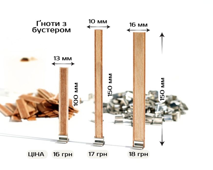 Дерев'яні гноти, Деревянные фитили с бустером, Гноти для свічок.