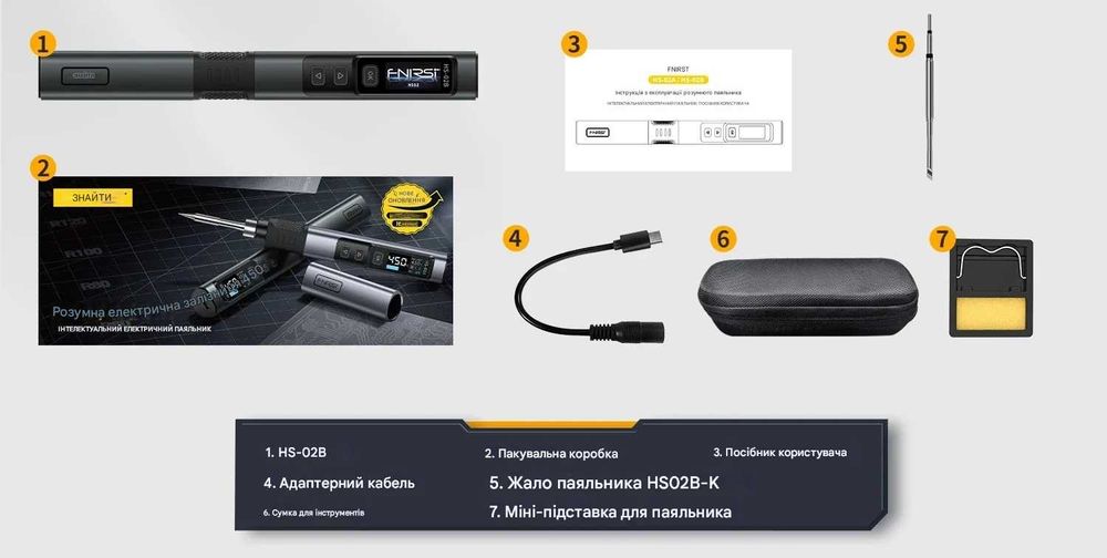 цифровой паяльник HS-02B 100 Вт USB QC PD FNIRSI + 3 жала HS02