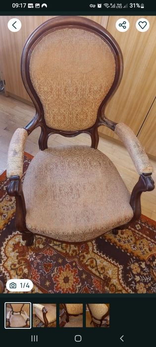 Fotel stylowy drewniany owalne oparcie – beżowy gobelin