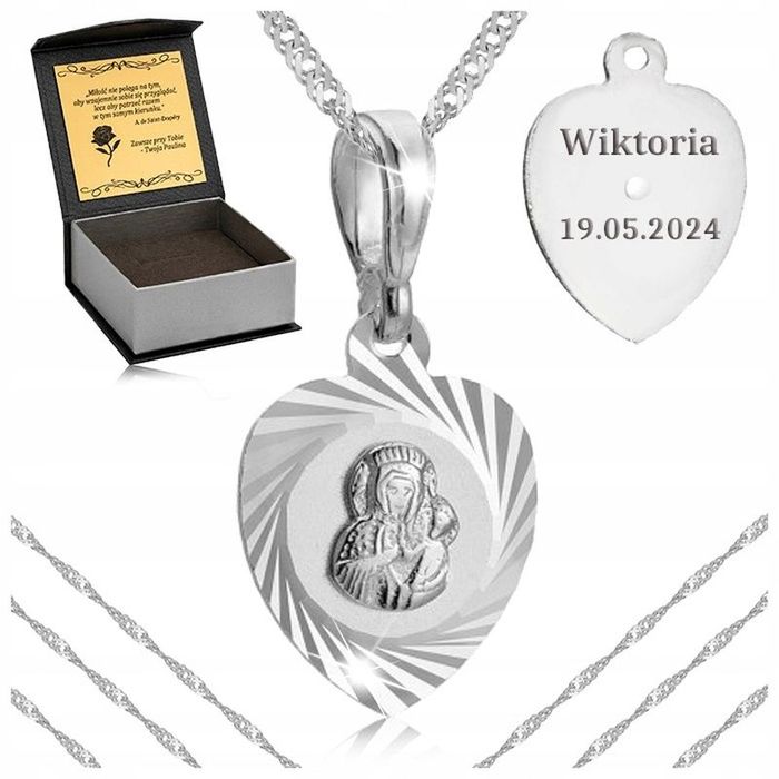 Piękny Damski Łańcuszek Z Medalikiem Maryja + Grawer Prezent Na Dzień
