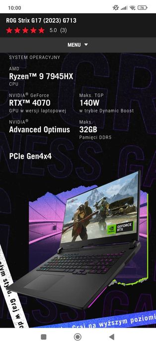 Sprzedam Asus Róg Strix/RTX 4070 TGP 140 W/Ryzen 9 /17,3 -240Hz 2K