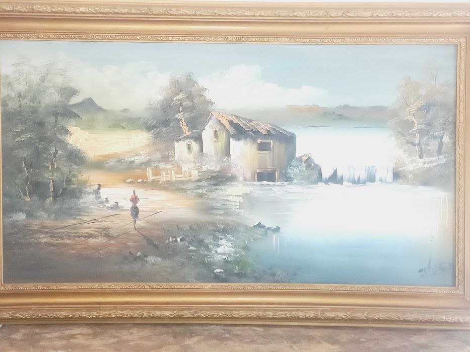 Quadro pintura a óleo, tema rural 129 x 79 cm