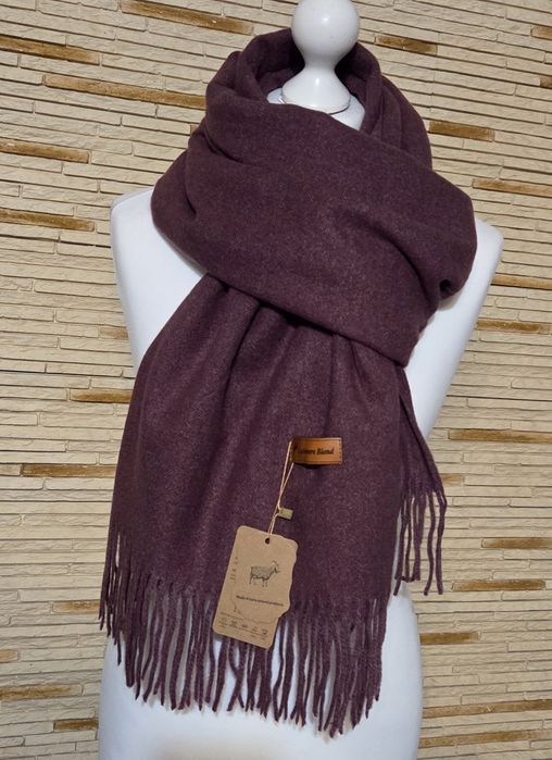 Piękny szal 50%kaszmir 50% wełna duży 200x70 cm kolor wrzos śliwka