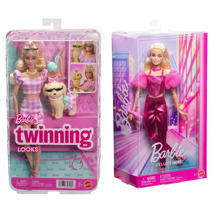 Barbie deluxe, Barbie twinning, барбі білявка в рожевому, барбі в однакових нарадах з собачкою