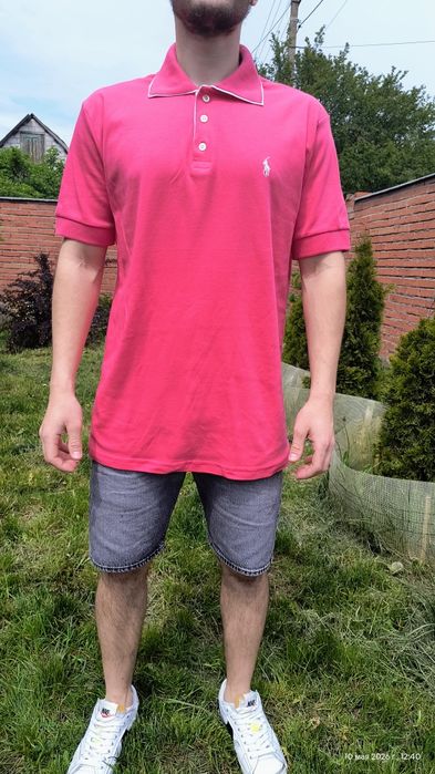 Оригінальна рожева футболка-поло Polo Ralph Lauren (Size L) з написом на комірі
