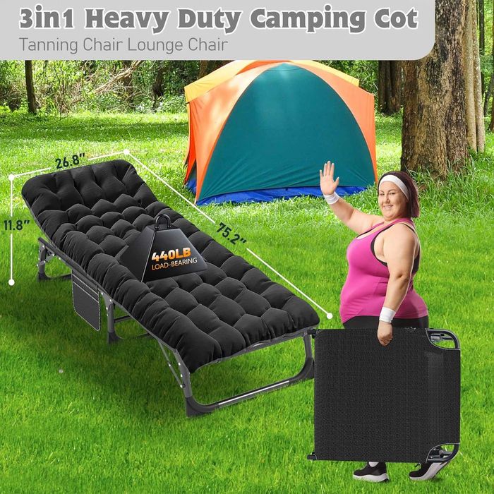 Cama de acampamento extra larga para adultos, resistente, em tecido Oxford 1200D, dobrável e portátil, com colchão.