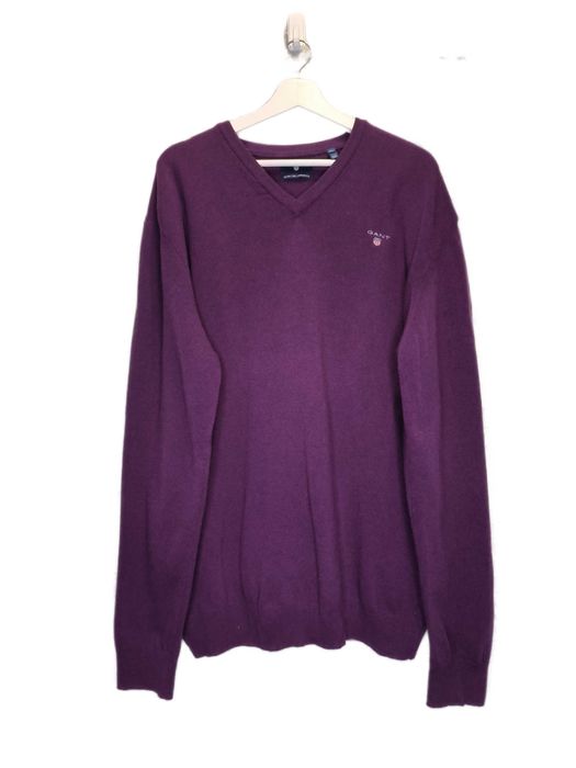 Sweter Wełniany Gant Wełna Fiolet Logo Serek Męski