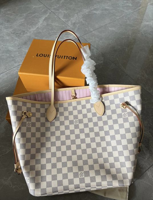 Torebka shopper LV Louis Vuitton Neverfull MM biala kratka różowy