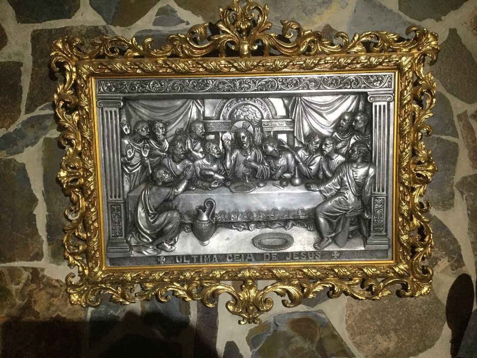 Última Ceia moldura talha dourada séc XIX Arte Sácra 1,10cm folha Ouro
