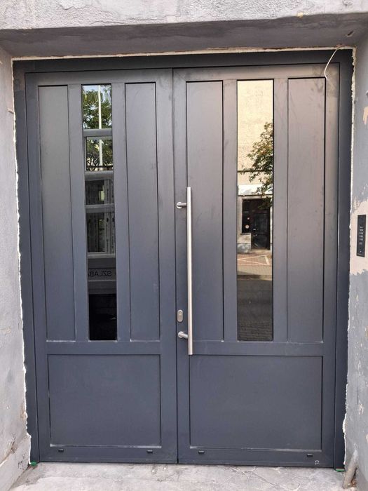 Drzwi zewnętrzne aluminiowe dwuskrzydłowe antracyt z pochwytem i przeszkleniem 1980x2015 NOWE