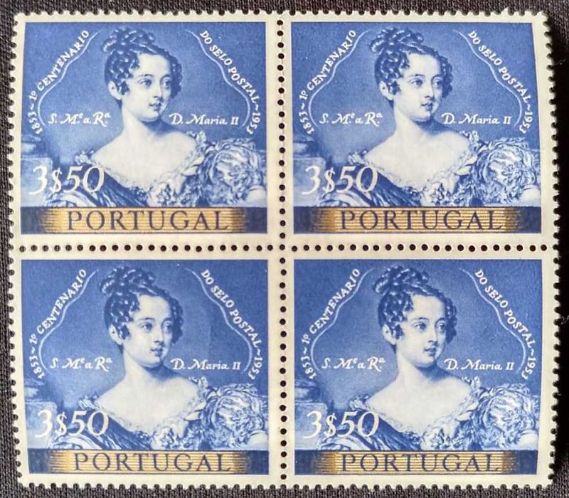 Quadra de selos novos de 3$50 - 1. Centenário do selo Português - 1953