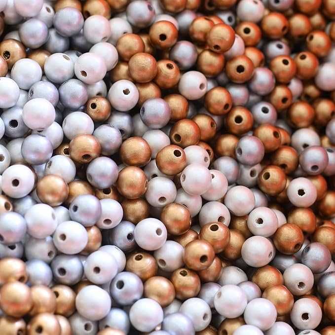 180drewnianych koralików z otworem, złote, srebrne, białe, 14 mm