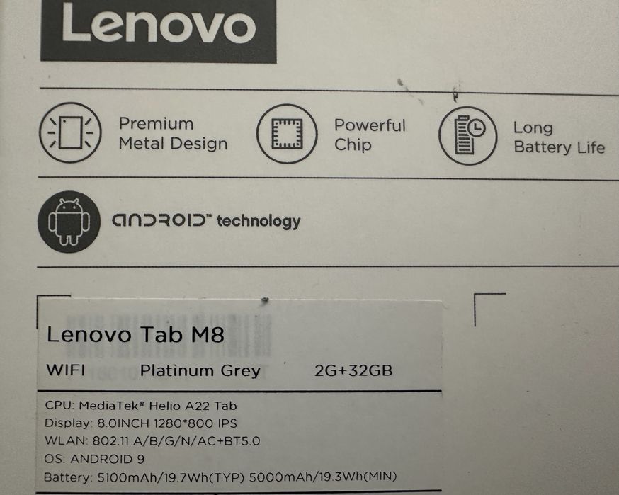 Tablet Lenovo M 8 de cor Platinium Grey com caixa de origem
