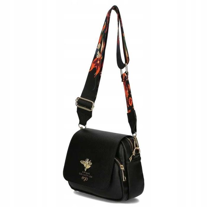 Ego Polska Torebka Damska Pszczółka Czarna Matowa Skóra Kolorowy Pasek