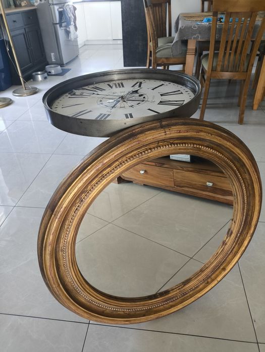 Lustro okrągłe 76 cm, drewniana rama vintage
