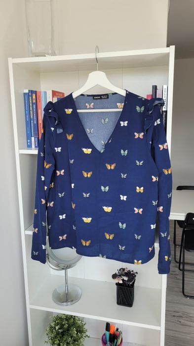 Granatowa bluzka z długim rękawem w motyle dekolt V rozmiar L