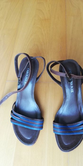 Sandália de tiras , salto alto, castanhas e azul, 38