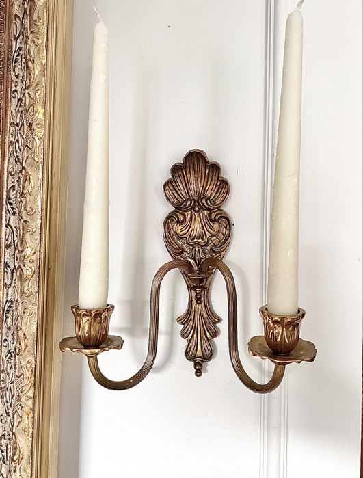 Świecznik naścienny kinkiet mosiądz brąz muszla muszli vintage brazu