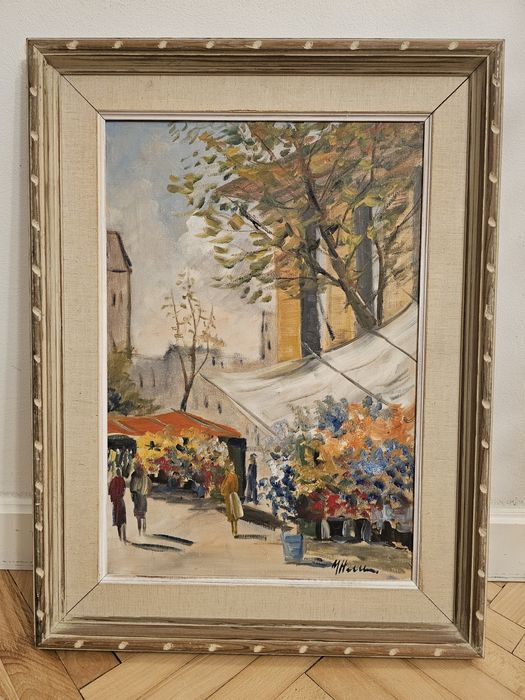 Stary obraz olejny targ kwiatowy Paryż