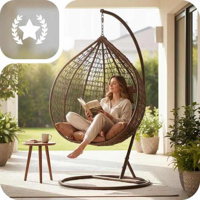 Fotel wiszący kokon ogrodowy kosz bujany huśtawka ze stelażem brązowy