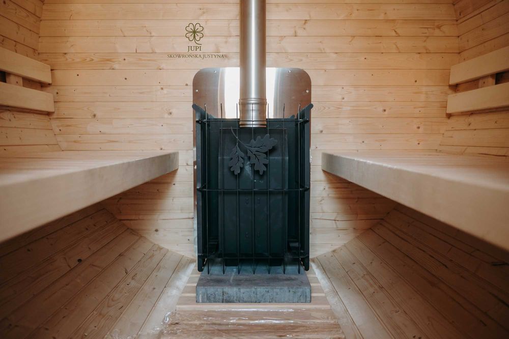 Sauna ogrodowa beczka 335cm z przedsionkiem piecem i oświetleniem LED