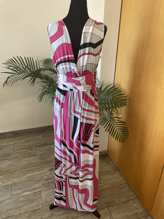 Vestido comprido estampado rosa, branco e preto – elegante / verão