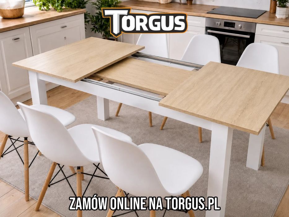 NOWY Stół Rozkładany 120/160x80 cm z Krzesłami Duży Do Domu Kuchni Jadalni Salonu Biały Dąb Sonoma Stół i Krzesła Kuchenny Zestaw Komplet Mebli OKAZJA