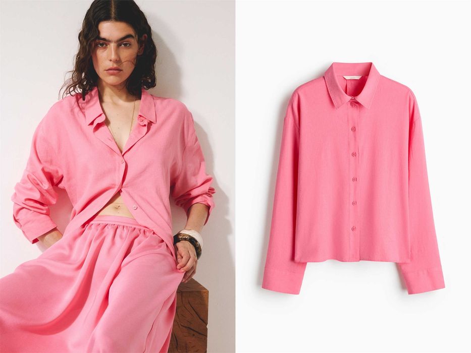 Bluzka koszula Lniana M nowa kole różowy Len wiskoza PROMOCJA Premium