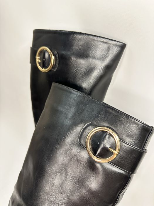 Високі чорні ботинки зі штучної шкіри без каблука, розмір 37, б/у