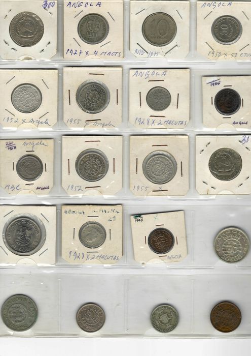 Lote de 20 Moedas de Angola (1927–1978) Prata & Metal Comum