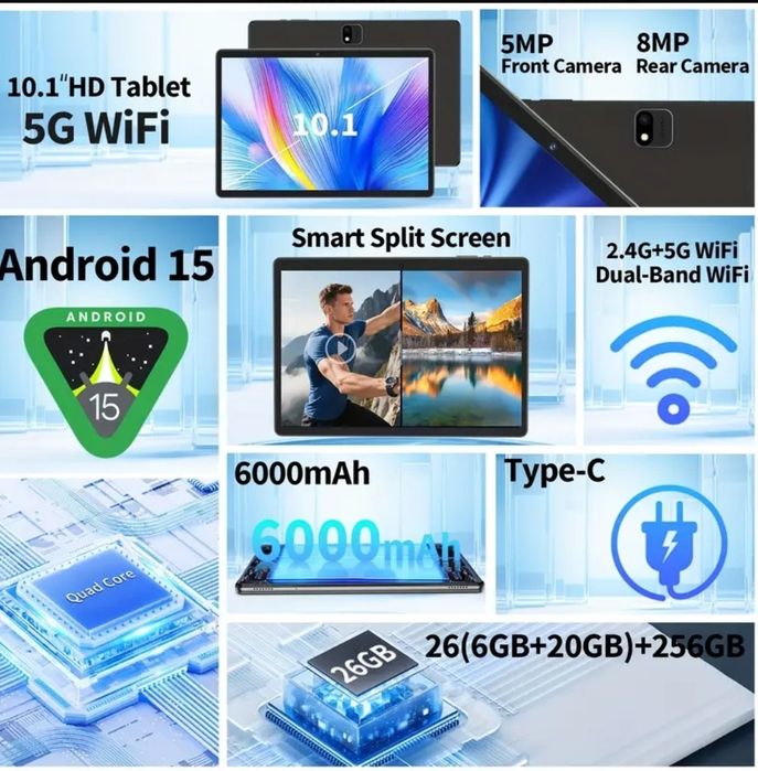 Tablet 10,1 cala Android 15 RAM 6GB ROM 256GB Klawiatura Etui