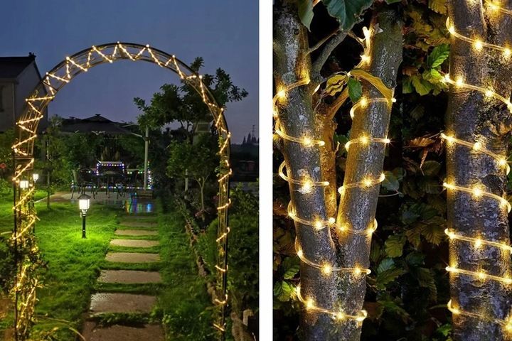 wąż led lampki zewnętrzne choinkowe flash tryby timer ip67 230v ciepły 20m