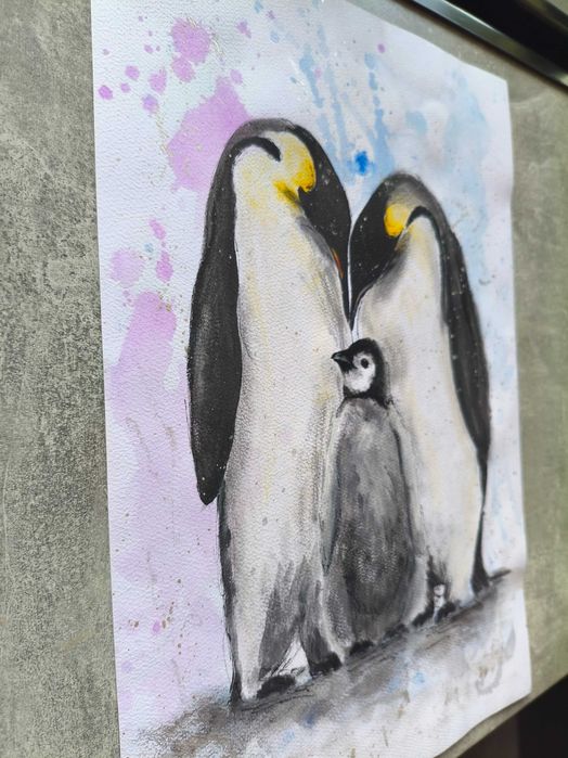 Akwarela Pingwiny Rodzina Prezent Chrzest Dziecko Macierzyństwo 30x42