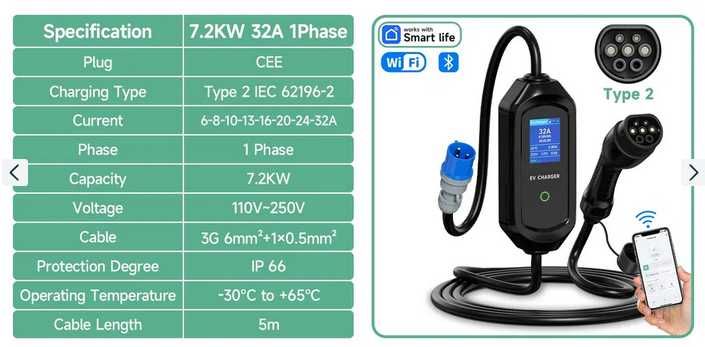 Зарядне до  электромобіля авто  AFYEEV 7.2 кВт 32A/Type 1/2 WiFi  1 ф