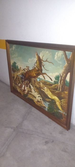 Grande Quadro Antigo a Óleo Sobre Tela – Cena de Caça com Moldura Dourada