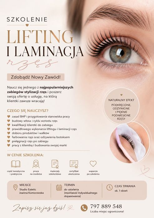 Szkolenie Kurs  Lifting i  laminacja rzęs, szkolenie indywidualne.