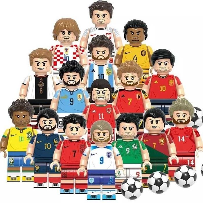 Nowe klocki figurka piłkarz kompatybilne z klockami Lego piłkarze Messi Ronaldo Lewandowski Mbappe Nrymar Benzema Suarez Kane Virgil  Modrić Pele Bale