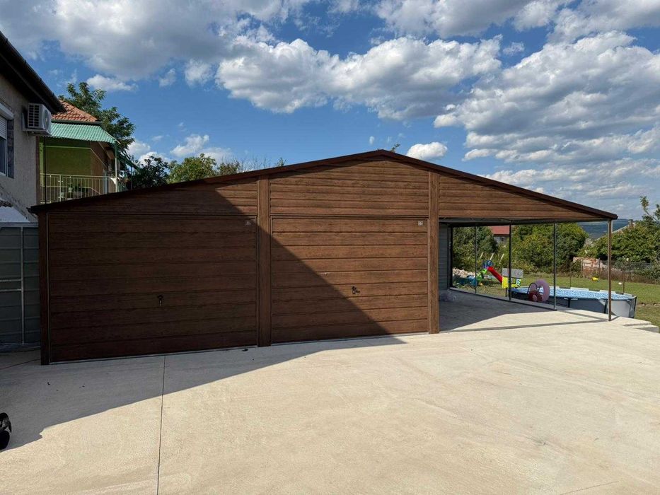 Garaż blaszany 6×5m z wiatą 5x5m dach dwuspadowy, Ciemny Orzech