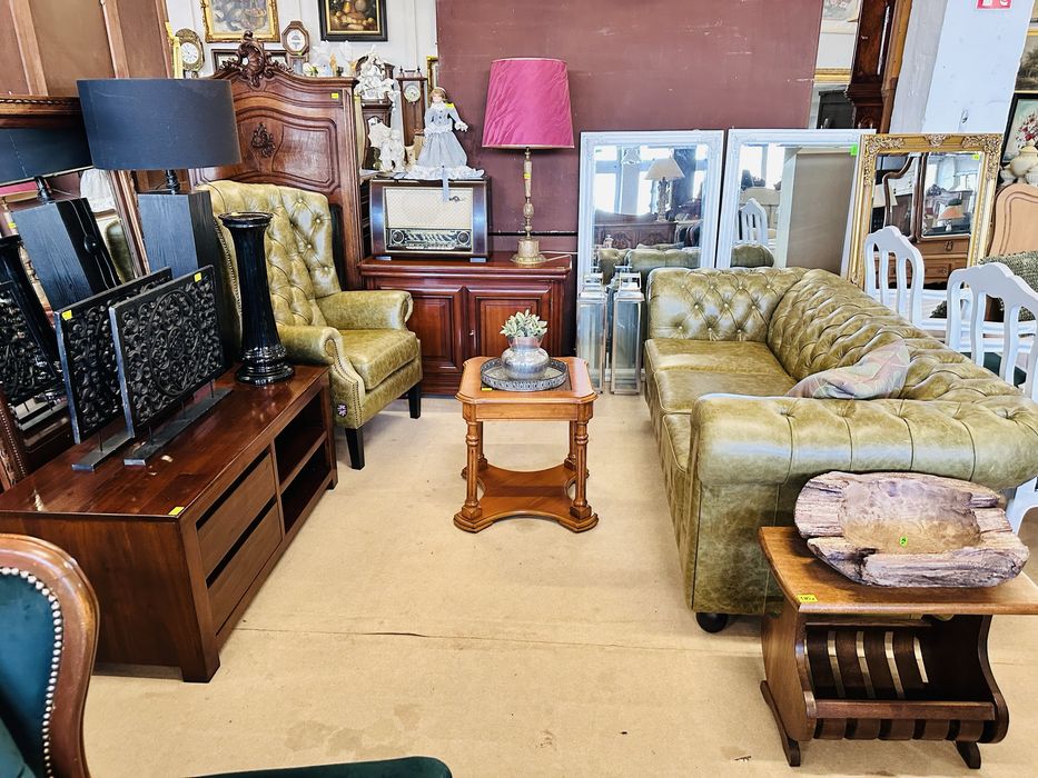 Oliwkowy, angielski komplet chesterfield 3+fotel uszak SKÓRA NATURALNA