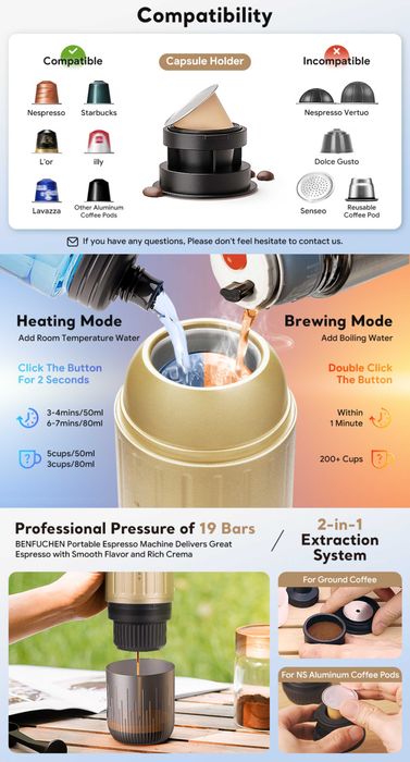 Портативна кавомашина iCafilas ME2218 Еспресо + Nespresso,  7500 mAh