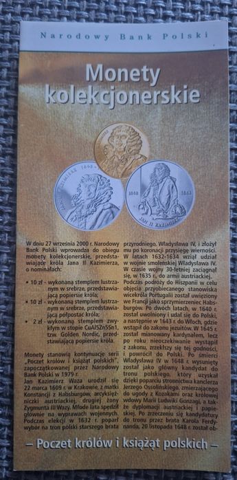 Folder emisyjny: Jan II Kazimierz - moneta z 2000 roku