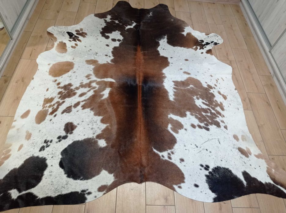 Ogromna Skóra Krowia Naturalna 225x215 cm – Łaciaty TRICOLOR, Unikat
