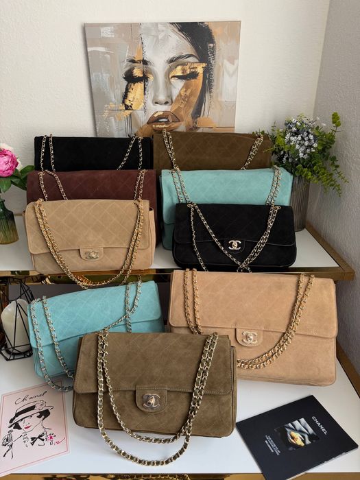 Сумка Chanel Maxi Flap замшеві бежева, шоколадна, чорна, тіффані, хакі | сумка Шанель замша
