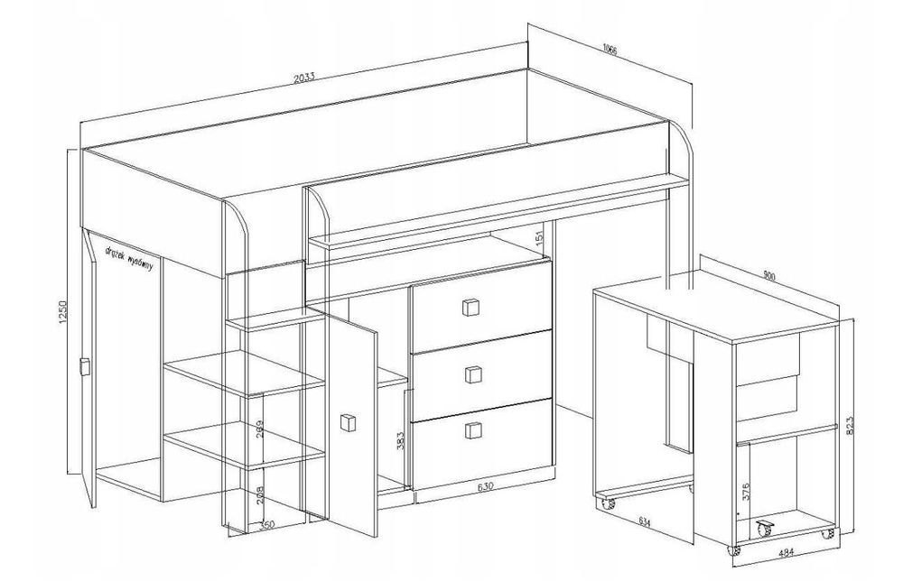 Łóżko piętrowe antresola TOLEDO 1 z biurkiem
