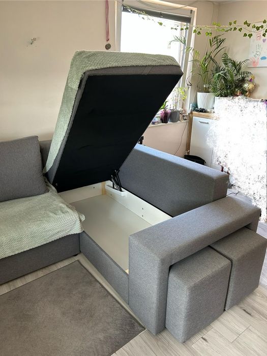 MADRYT Narożnik z pufami i barkiem, szary, prawy