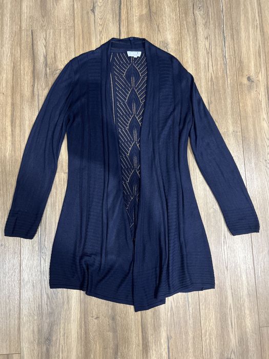 Kardigan granatowy L 40 12 M&S Per Una plecy ażurowy wiskoza akryl