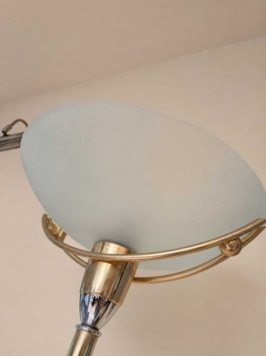 Lampa stojąca podłogowa 180 cm, złota, szklany klosz, stan bdb