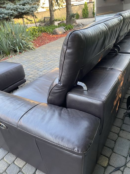Zestaw wypoczynkowy skórzany rozkladana elektrycznie sofa relax 3m puf