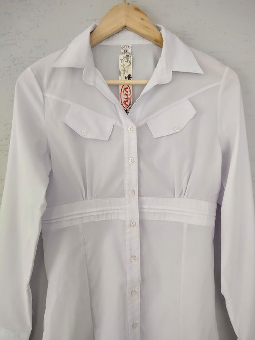Biała koszula tunika mgiełka długi rękaw guziki elegancka retro S M